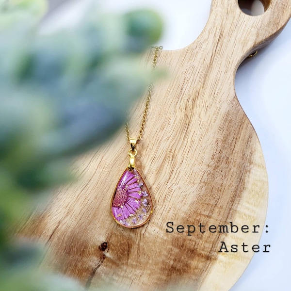September birth flower necklace, Aster flower, Handmade Birth Month Real Flower Necklace, Personalized Pressed Resin Pendant Jewelry