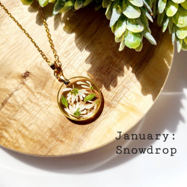 January birth flower necklace, Snowdrop flower, Handmade Birth Month Real Flower Necklace, Personalized Pressed Resin Pendant Jewelry