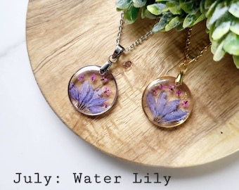 July birth flower necklace, Water Lily, Handmade Birth Month Real Flower Necklace, Personalized Handmade, Pressed Resin Pendant Jewelry