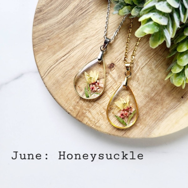 June birth flower necklace, Honeysuckle, Handmade Birth Month Real Flower Necklace, Personalized Handmade, Pressed Resin Pendant Jewelry