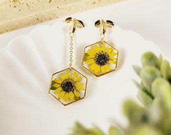 Mini Sunflower Resin Earrings: 18k Gold Plated, Pressed Flower