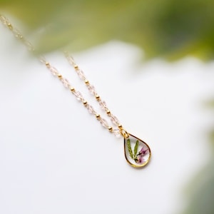 Mini Heather teardrop necklace, pink beaded choker real flower necklace pendant, y2k flower arrangement blush pink beaded chain