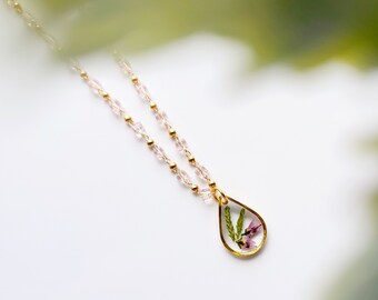 Mini Heather teardrop necklace, pink beaded choker real flower necklace pendant, y2k flower arrangement blush pink beaded chain