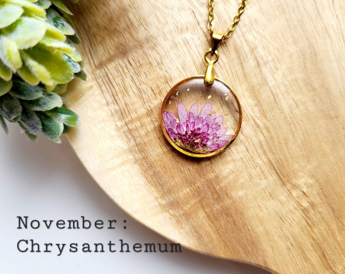 November Birth Flower Necklace, Chrysanthemums, Handmade Birth Month Real Flower Necklace
