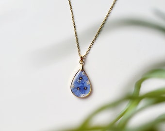 Forget me not gold teardrop necklace, September birth flower, butterfly blue forget-me-not in resin pendant, memorial bereavement necklace