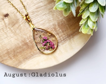 August birth flower necklace, Gladiolus, Handmade Birth Month Real Flower Necklace, Personalized Handmade, Pressed Resin Pendant Jewelry