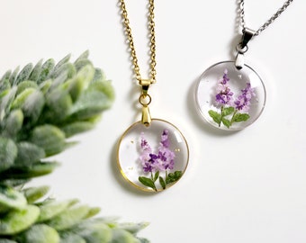 July birth flower necklace, Larkspur flower, Handmade Birth Month Real Flower Necklace, Personalized Handmade, Pressed Resin Pendant Jewelry