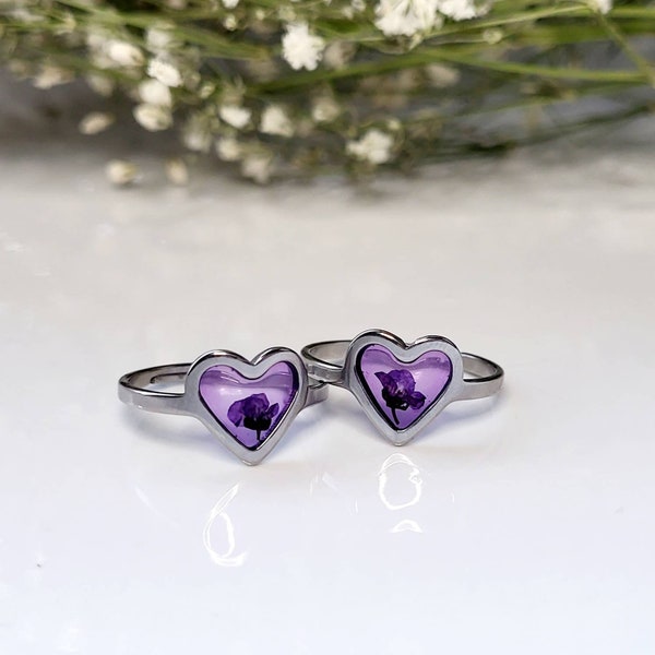 I Purple You (Borahae) Heart Ring, Purple Heart adjustable ring, love yourself flower ring