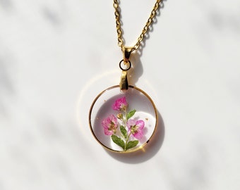 April birth flower necklace, Sweet pea, Handmade Birth Month Real Flower Necklace, Personalized Pressed Resin Pendant Jewelry