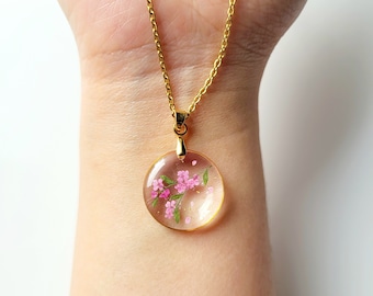 March birth flower necklace, Cherry Blossom, Handmade Birth Month Real Flower Necklace, Personalized Pressed Resin Pendant Jewelry