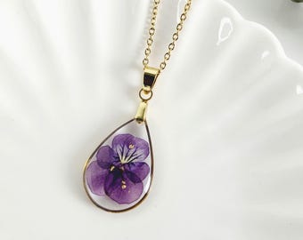 February Birth Flower Necklace: Handmade Violet Pressed Resin Pendant