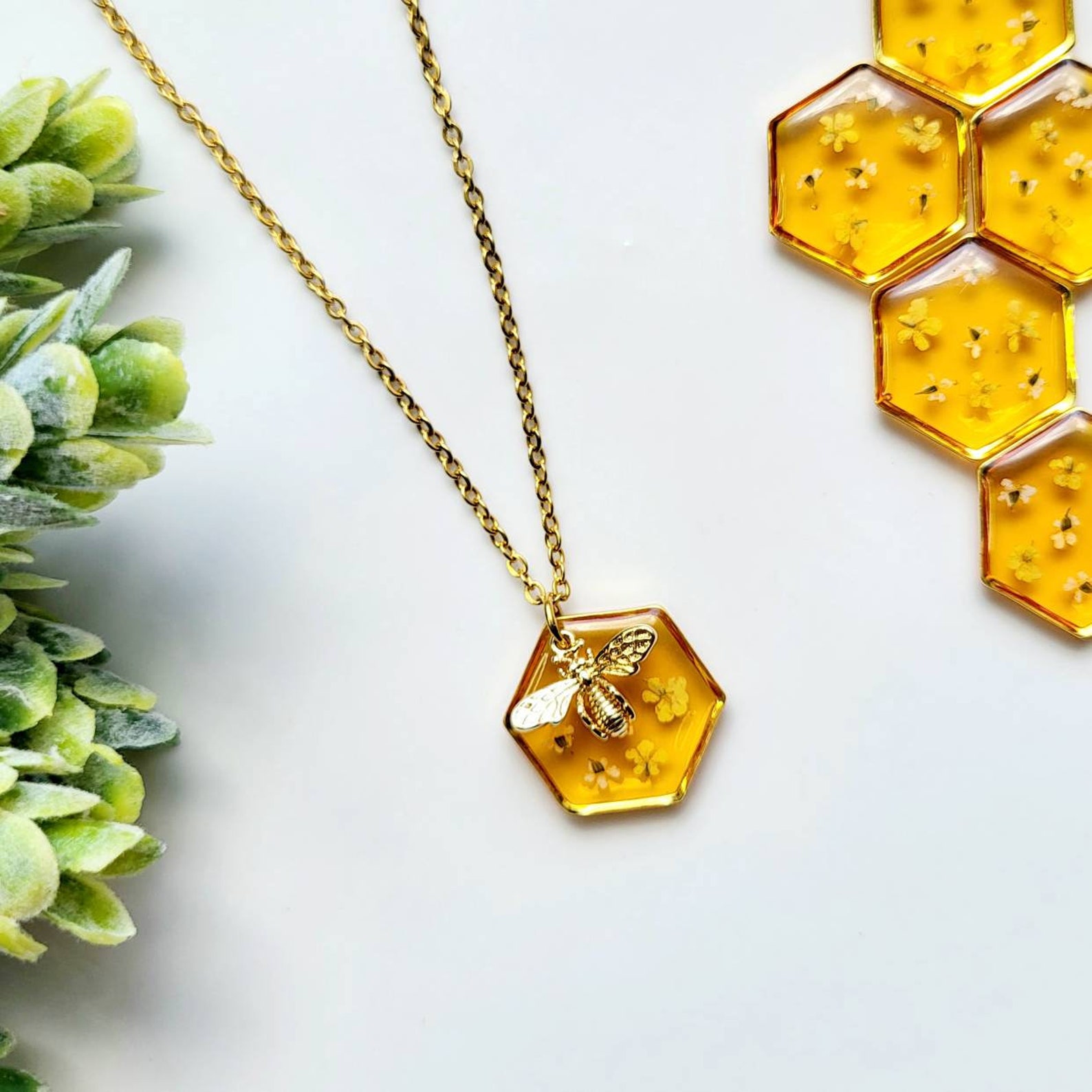 Gold Honey Bee Necklace Real Flower Bee Hexagon Pendant Etsy