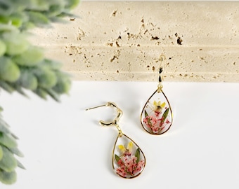 Honeysuckle June Birth Flower Earrings: Pressed Flower Resin Hoop, Gold Plated