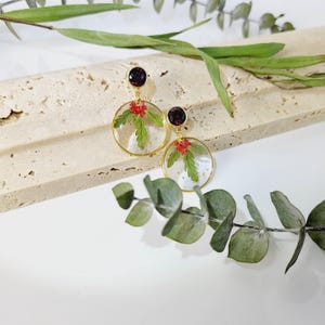 December birth flower earring, Holly mistletoes, Handmade Birth Month Real Flower earring, Personalized handmade Pressed Resin jewelry