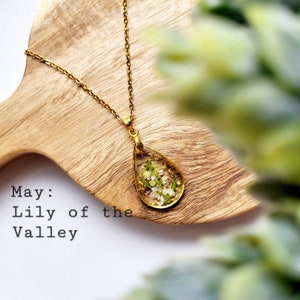 May birth flower necklace, Lily of Valley, Handmade Birth Month Real Flower Necklace, Personalized Handmade, Pressed Resin Pendant Jewelry