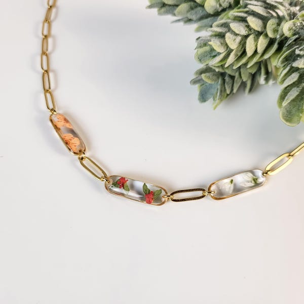 Personalized birth flower cable chain choker necklace , wrap cable chain bracelet, Unisex Handmade Real Flower bullet capsule Necklace