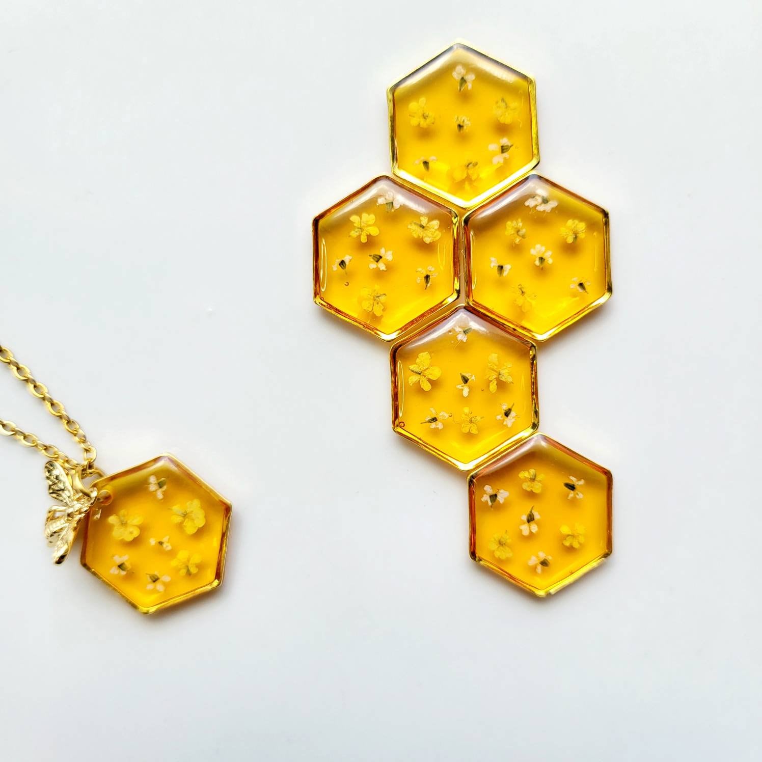 Gold Honey Bee Necklace Real Flower Bee Hexagon Pendant Etsy