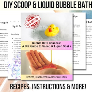 Puede incluir: Una guía de bricolaje para hacer baño de burbujas en polvo y líquido con recetas e instrucciones. La guía presenta un pato de goma amarillo flotando en un tazón de burbujas y una mano sosteniendo una botella transparente de líquido rojo.