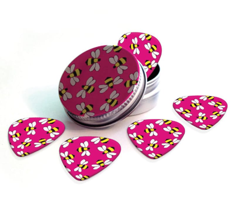 Bees on Pink 5 X Guitar Tin Quality inspection Picks Premium Courier shipping free