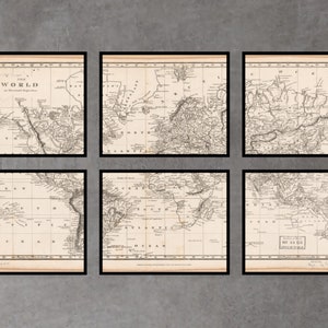 Afdrukbare vintage wereldkaart muurkunst 6 delen als directe download
