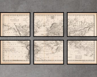 Printable Vintage World Map Wall Art 6 Parts As Instant Download