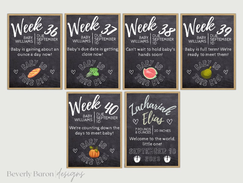 May include: A set of nine chalkboard signs with a weekly pregnancy tracker. Each sign features a different food item and the text "Baby is this big!" The final sign announces the birth of Zachariah Elias, born on September 10, 2023, weighing 7 pounds and 8 ounces and measuring 20 inches.