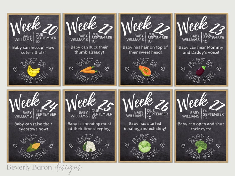 May include: A set of ten chalkboard-style cards with a weekly pregnancy tracker. Each card features a different week of pregnancy, from week 20 to week 27, with a corresponding baby milestone and a fruit or vegetable illustration. The text on the cards reads "Baby Williams due September 10".