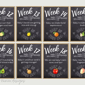 May include: Nine black chalkboard signs with white text and illustrations of fruits and vegetables. Each sign shows a different week of pregnancy, from week 12 to week 19, with a description of the baby's development. The text "Baby is this big!" is repeated on each sign.