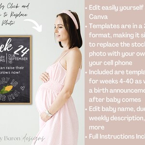 May include: A chalkboard sign with the text "Week 24" and "Baby is this big!" with a corn cob graphic. The sign also includes the text "Baby Williams due September 10" and "Baby can raise their eyebrows now!"