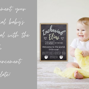 May include: A black chalkboard birth announcement sign with white text. The sign reads "Zachariah Elias" with hearts on either side of the name. The sign also includes the baby's weight and length, "7 pounds 8 ounces | 20 inches", and the date of birth, "September 10, 2023".