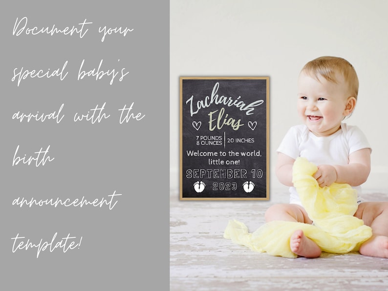 May include: A black chalkboard birth announcement sign with white text. The sign reads "Zachariah Elias" with hearts on either side of the name. The sign also includes the baby's weight and length, "7 pounds 8 ounces | 20 inches", and the date of birth, "September 10, 2023".