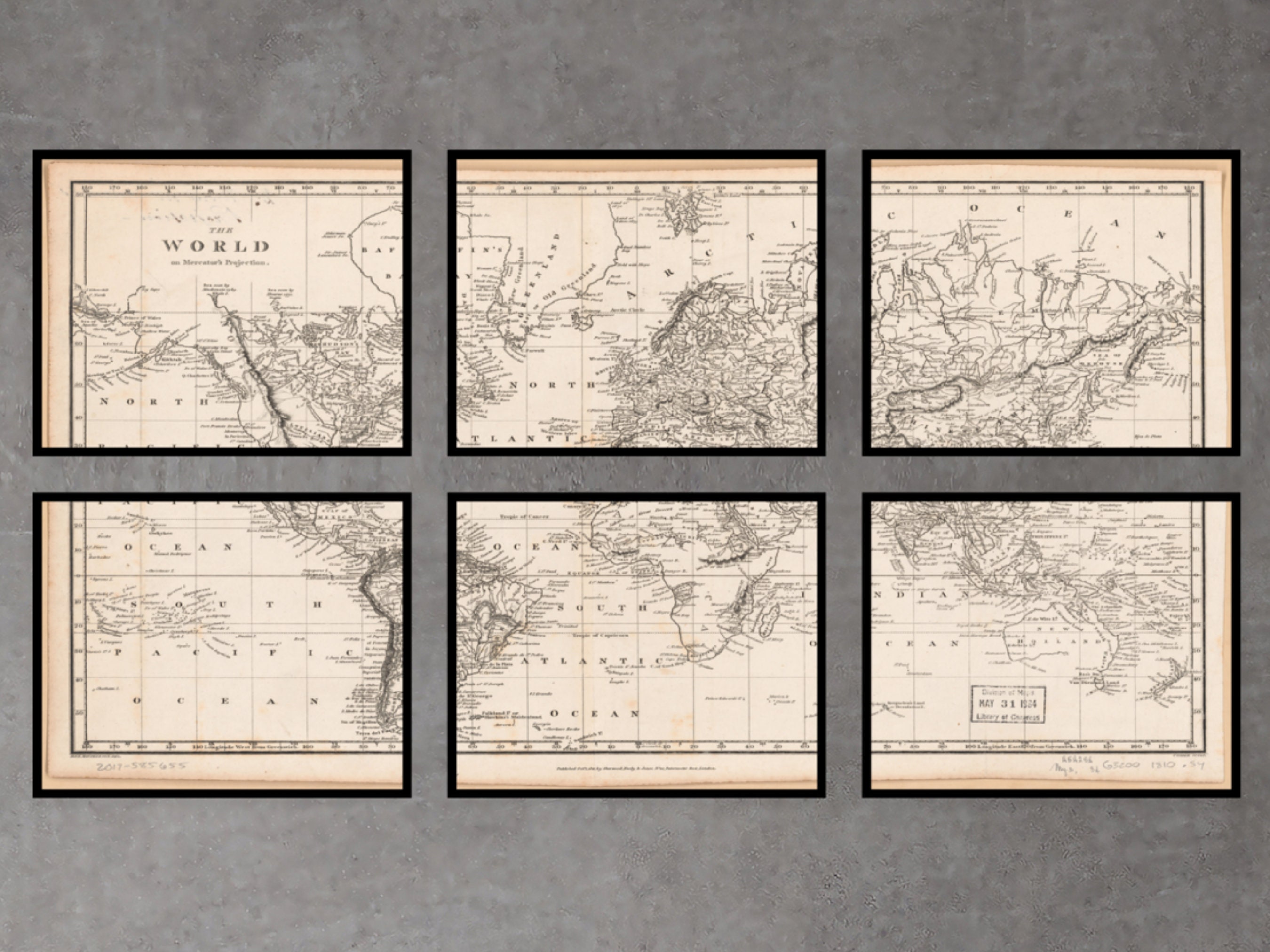 Printable Vintage World Map Wall Art 6 Parts as Instant Download - Etsy
