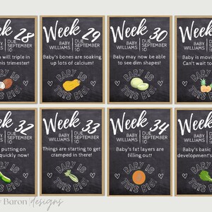 May include: Ten chalkboard signs with a brown wood frame, each showing a different week of pregnancy. The signs feature a baby's development and a corresponding fruit or vegetable. The text on the signs reads "Week 28, Week 29, Week 30, Week 37, Week 32, Week 33, Week 34, Week 35, Baby is this big", and the due date is September 10th.