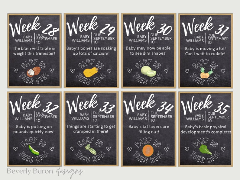May include: Ten chalkboard signs with a brown wood frame, each showing a different week of pregnancy. The signs feature a baby's development and a corresponding fruit or vegetable. The text on the signs reads "Week 28, Week 29, Week 30, Week 37, Week 32, Week 33, Week 34, Week 35, Baby is this big", and the due date is September 10th.