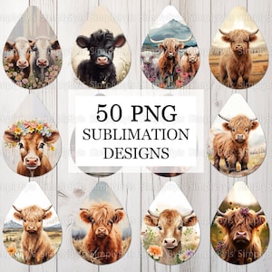 May include: 50 PNG sublimation designs featuring Highland cows in various poses and settings. The designs include cows with flowers, cows in fields, and cows with mountains in the background.