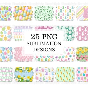 Peut inclure: 25 motifs numériques pour sublimation sur le thème de Pâques. Les motifs comprennent des lapins, des œufs, des carottes, des fleurs et des rayures dans des couleurs pastel.