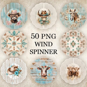 May include: Set of 10 colorful, round, wooden wind spinners with various designs. The designs include a cow, a horse, a geometric pattern, and a floral pattern. The text "50 PNG WIND SPINNER" is printed on the background.