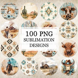 May include: 100 sublimation designs featuring a variety of images, including a cowboy, a cow, a cactus, a horse, and geometric patterns. The designs are in a rustic, southwestern style.