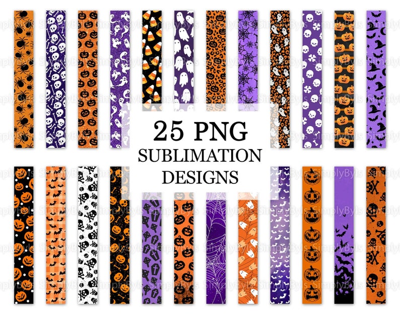 May include: 25 Halloween themed sublimation designs. The designs are in a variety of colors, including orange, black, purple, and white. The designs feature various Halloween icons, such as pumpkins, bats, ghosts, skulls, and spiders.