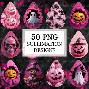 May include: 50 Halloween-themed sublimation designs in a teardrop shape. The designs feature pink and white colors and include images of pumpkins, ghosts, spiders, and skulls.
