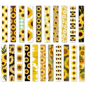 May include: Set of 24 digital sunflower printable scrapbook paper designs. The designs feature various patterns including sunflowers, leopard print, stripes, and gingham.
