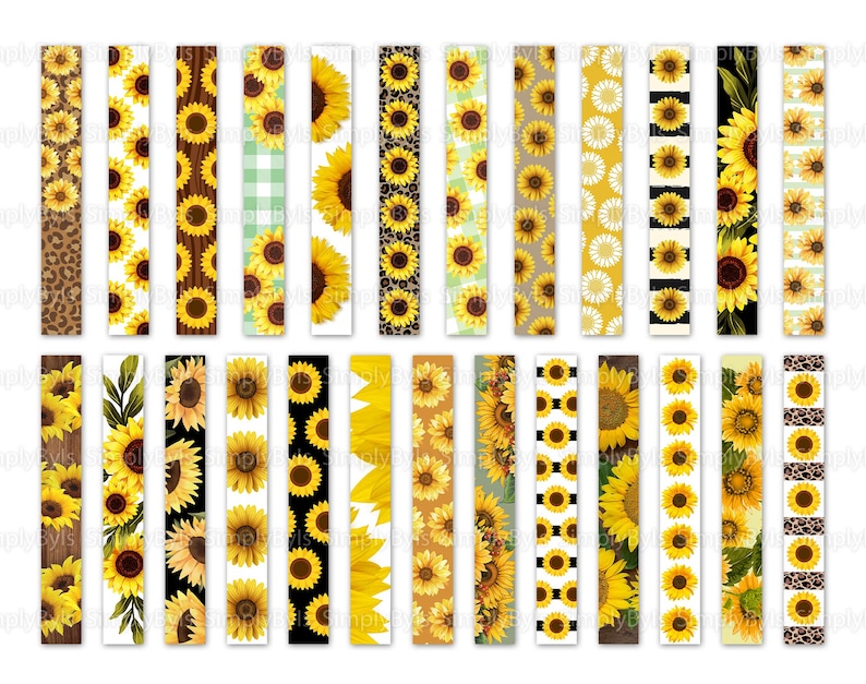 May include: Set of 24 digital sunflower printable scrapbook paper designs. The designs feature various patterns including sunflowers, leopard print, stripes, and gingham.