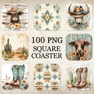 Paquete de posavasos cuadrados occidentales, posavasos del suroeste png, diseños de sublimación de posavasos cuadrados de vaquera, diseño de posavasos de vaca de las tierras altas png