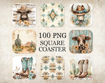 Western Square Coaster Bundle, Southwestern Coasters png, Cowgirl Square Coaster Sublimation Designs, Highland Cow Coaster Design png