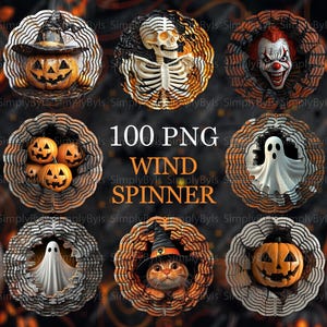 May include: Set of 100 Halloween-themed PNG images for a wind spinner. The images feature a variety of spooky characters, including a pumpkin, a ghost, a skeleton, a cat, and a clown. The images are all in a circular shape with a spiderweb design.