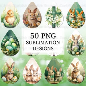 Peut inclure: 50 designs de sublimation PNG sur le thème de Pâques avec des lapins, des poussins, des œufs et une croix. Les designs sont en forme de larme et sont parfaits pour créer des objets artisanaux et des cadeaux personnalisés.