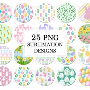 Puede incluir: 25 diseños de sublimación PNG con motivos de Pascua. Los diseños incluyen conejos, huevos, zanahorias, flores y otros motivos primaverales en una variedad de colores.