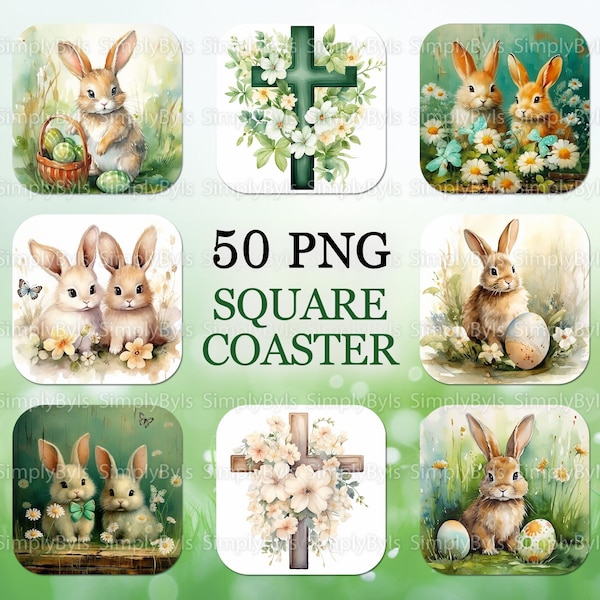 Easter Square Coaster Bundle, Bunny Easter Coasters png, Bunny Square Coaster Sublimation Designs, Spring Bunny Easter Coaster Design