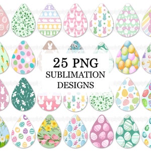 May include: 25 PNG sublimation designs featuring Easter egg patterns. The designs include bunnies, carrots, flowers, stripes, and polka dots in various colors.