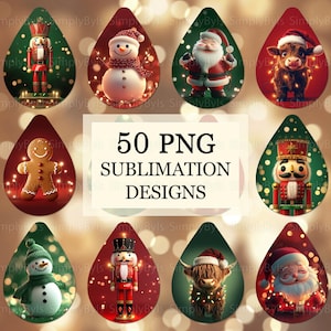 May include: 50 Christmas-themed sublimation designs in a teardrop shape. The designs feature a gingerbread man, snowman, Santa Claus, a Highland cow, and a nutcracker.